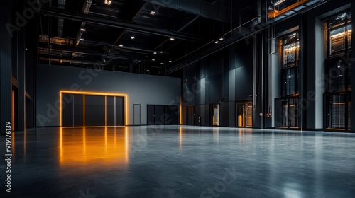 A large, empty room with orange lights shining on the floor