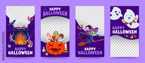 Halloween social media frame templates with holiday characters. Spooky vector layouts featuring adorable ghosts, witch riding broom, cauldron with potion, pumpkin bucket with sweets, vertical borders