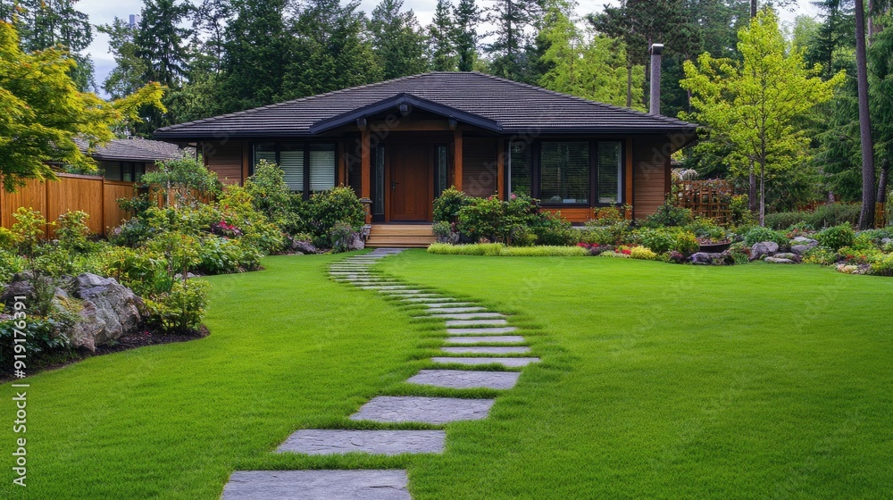 Fototapeta premium Beautiful lawn by a one-story house with a stone pathway leading to the front door