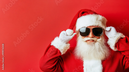 Christmas, holidays and people concept - close up of Santa Claus in sunglasses over red background.