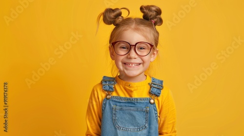 A Smiling Girl with Glasses Wearing Denim Overalls Against a Yellow Background photo