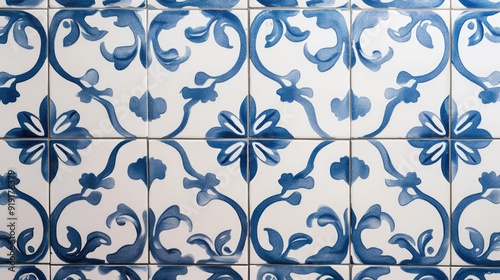 Beautiful Portuguese azulejo floor tile pattern with traditional blue and white motifs