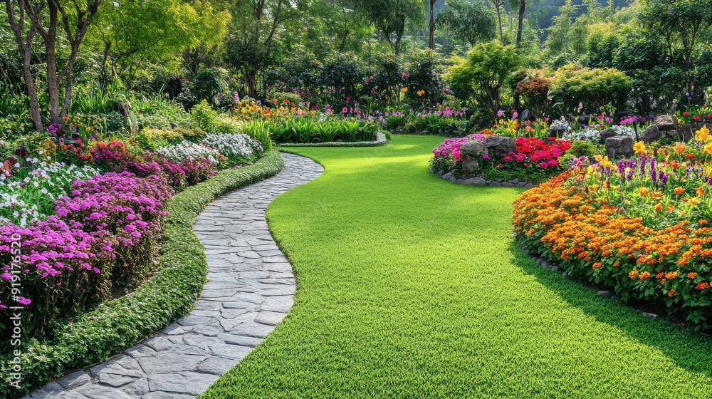 Obraz premium Beautifully maintained green lawn with a winding stone path and colorful flower borders
