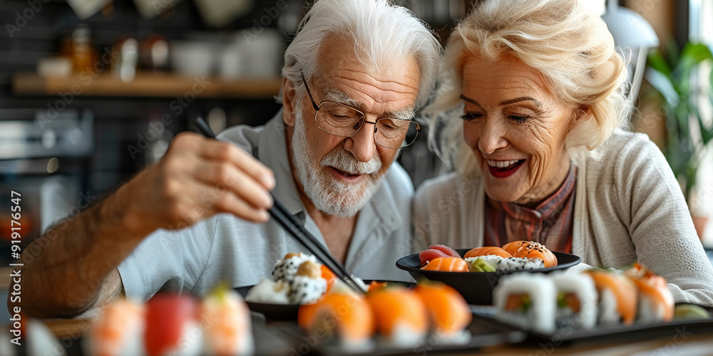 Portrait of an elderly couple eating sushi