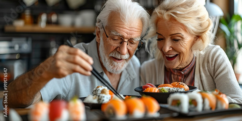 Obraz na płótnie Portrait of an elderly couple eating sushi w salonie