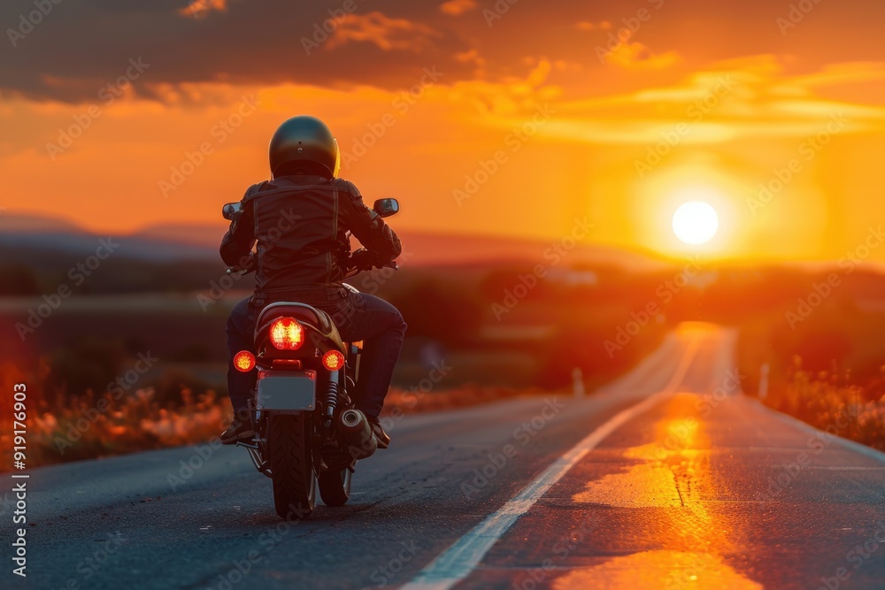 A motorcyclist rides down a scenic road at sunset A motorcyclist rides down a scenic road at sunset