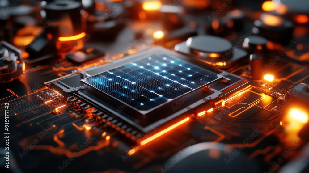 A computer chip with a blue light on it A computer chip with a blue light on it