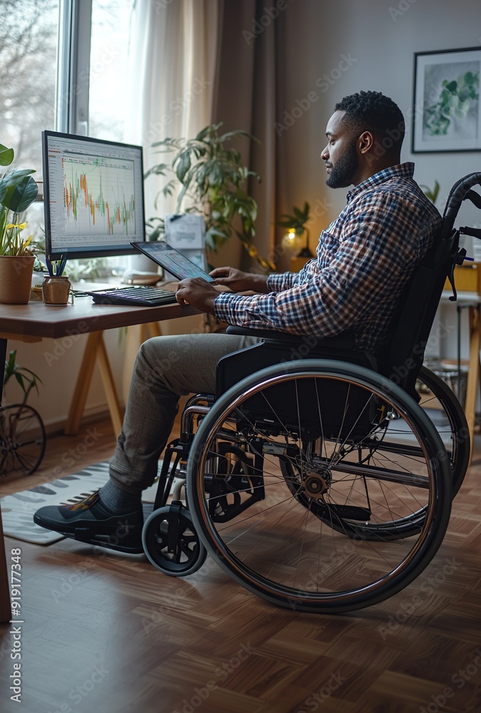 Black man in a wheelchair analyzing financial charts on a computer at home