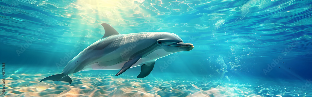 Obraz premium Dolphin swimming in the open blue sea with sunlight on background