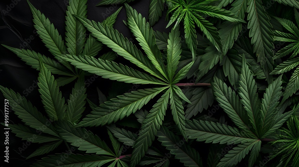 Marijuana leaves on a background, close up top view on cannabis leaves and branches on background for alternative medical and marketing design concept Marijuana leaves on a background, close up top view on cannabis leaves and branches on background for alternative medical and marketing design concept
