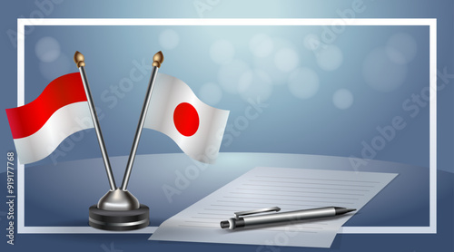 Indonesia and Japan Small national flag on bokeh background, cooperative relationship