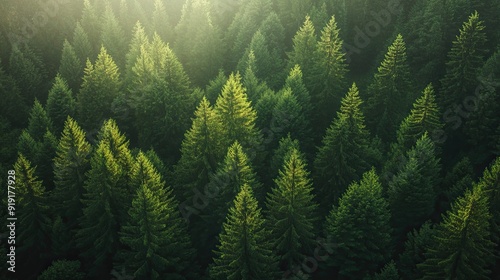 Dense green pine forest with sunlight filtering through the canopy on a clear day