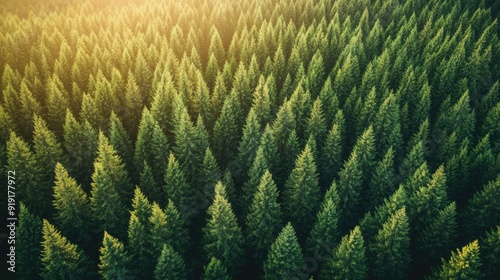 Dense green pine forest with sunlight filtering through the canopy on a clear day