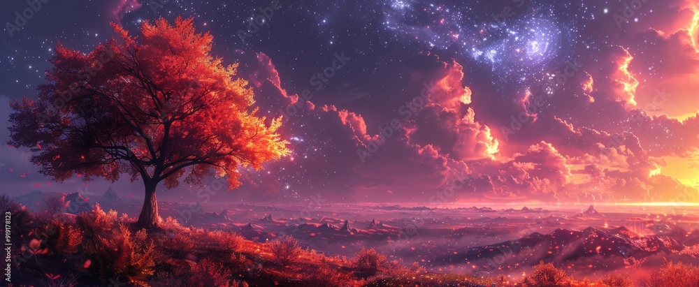 Majestic Tree at Sunset in a Fantasy Landscape Majestic Tree at Sunset in a Fantasy Landscape