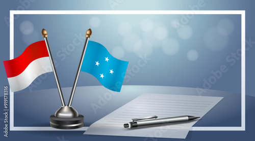 Indonesia and Micronesia Small national flag on bokeh background, cooperative relationship