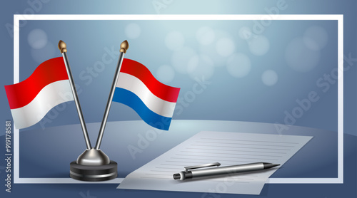 Indonesia and Netherlands Small national flag on bokeh background, cooperative relationship