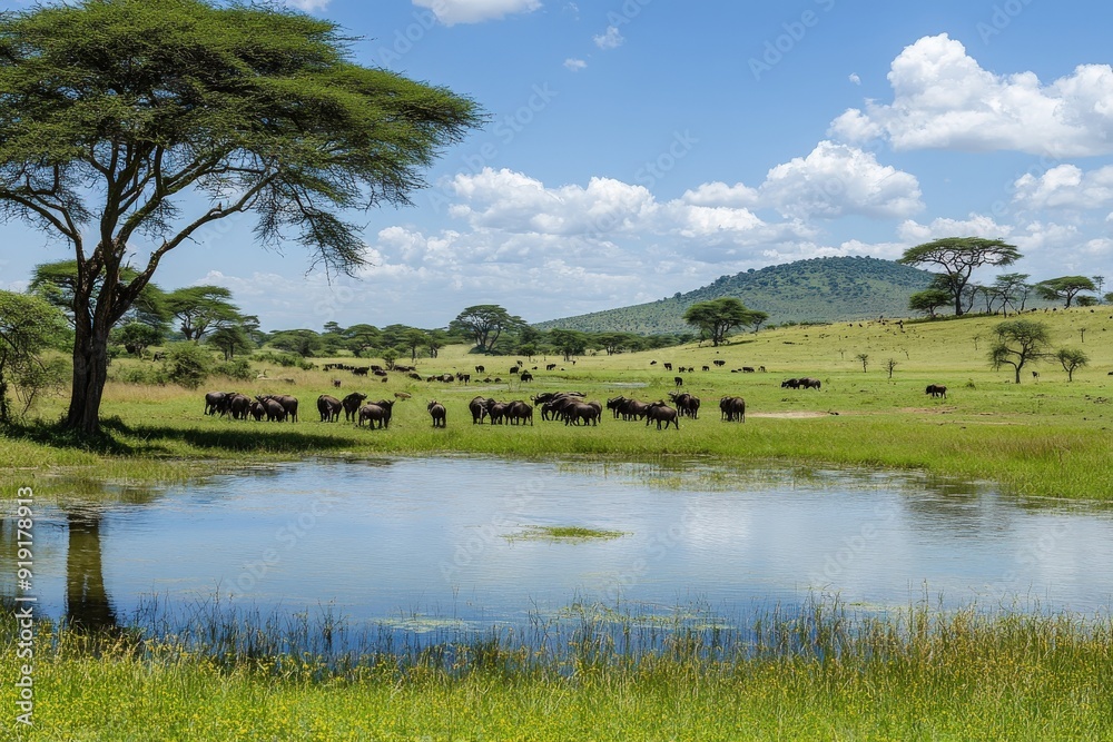 Fototapeta premium A herd of buffaloes leisurely grazes on the green grass near a tranquil blue pond, surrounded by acacia trees under a partly cloudy sky, reflecting nature's abundance and calmness.