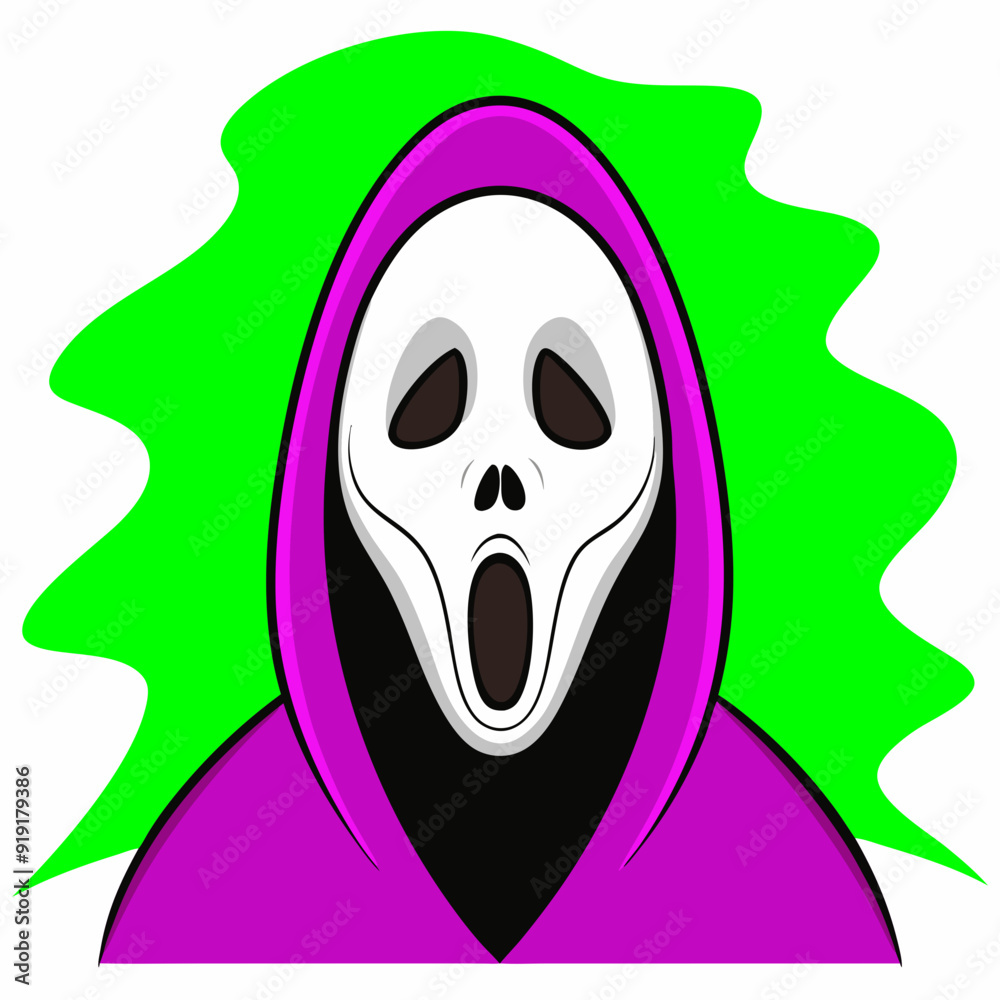 Scream Mask with Green and Purple Hood, Halloween Horror Icon Scream Mask with Green and Purple Hood, Halloween Horror Icon