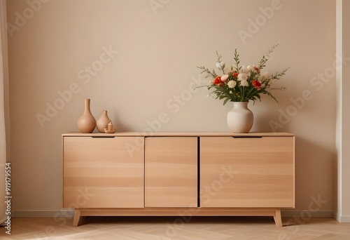 A wooden sideboard with two vases of white flowers, set against a beige wall