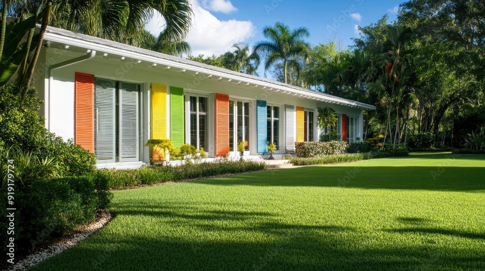 Green lawn beside a one-story house with a white exterior and colorful shutters Green lawn beside a one-story house with a white exterior and colorful shutters