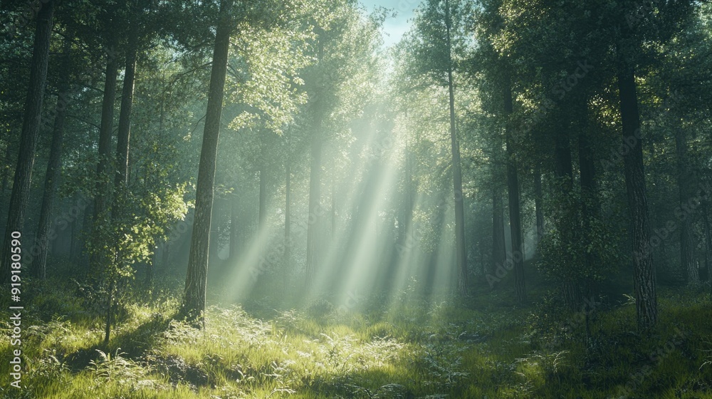 Green pine forest on a sunny day, with rays of light creating a magical atmosphere Green pine forest on a sunny day, with rays of light creating a magical atmosphere