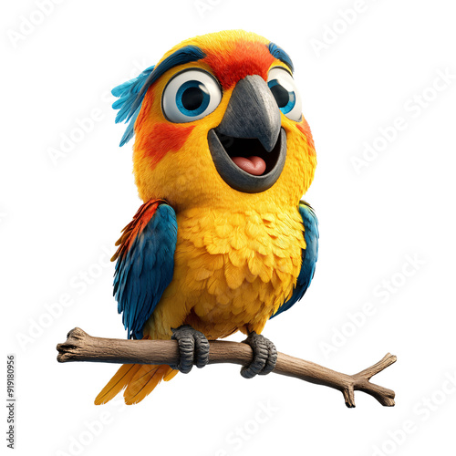 Cheerful 3D Cartoon Parrot Perched on Branch in White Background - Vibrant and Playful Animal Character Illustration