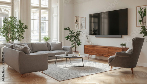 Modern living room with grey sofa and large tv screen showing contemporary interior design