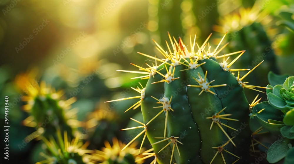 Close-up of a vibrant green cactus with yellow spines in natural sunlight. Generative AI. Close-up of a vibrant green cactus with yellow spines in natural sunlight. Generative AI.