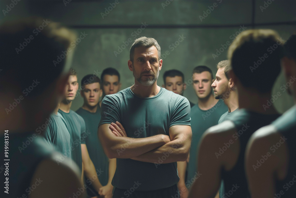 Coach leading an intense team meeting, surrounded by focused athletes in a dimly lit room Coach leading an intense team meeting, surrounded by focused athletes in a dimly lit room