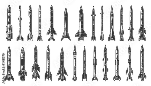 Ballistic Missiles Different Types Minimal Linocut Style Icons Set Neat Thick Strokes Shapes Black on White Background Military Technology Weaponry Vector Graphics