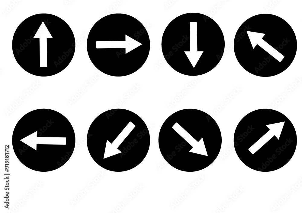 white arrows in black circle, different direction, road signs, set of arrows white arrows in black circle, different direction, road signs, set of arrows