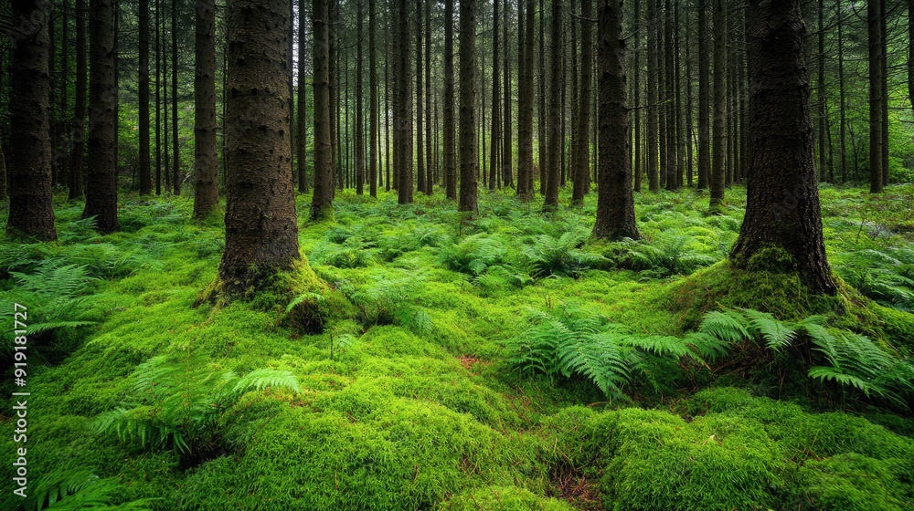 Lush green pine forest floor covered with ferns and mosses Lush green pine forest floor covered with ferns and mosses