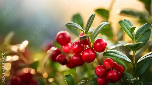 Lingonberries on a bush, close-up, harvesting. Fresh, ripe lingonberries on a bush in the sun.