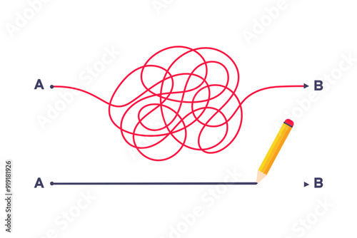 Complex and easy simple way from point A to B vector illustration. Chaos simplifying, problem solving and business solution searching challenge concept. Hand drawn doodle scribble chaos path lines.