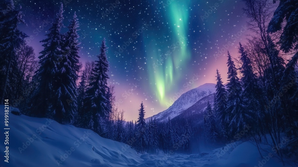 Fototapeta premium Majestic northern lights illuminating a snowy forest landscape under a starry night sky