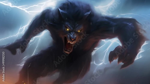 A terrifying werewolf runs and growls under a stormy night sky with lightning flashing in the background, creating an intense and frightening atmosphere