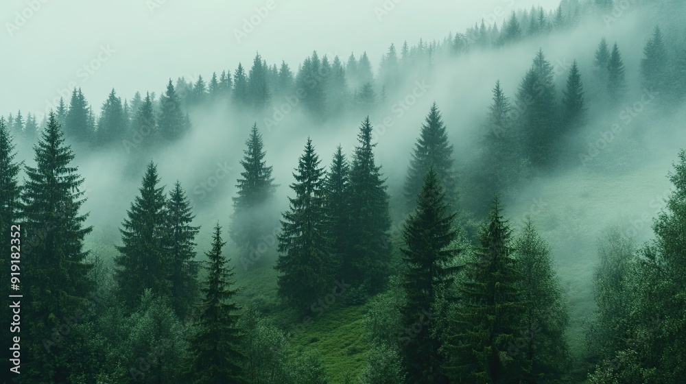 Misty morning in a green pine forest, with fog enveloping the tall trees Misty morning in a green pine forest, with fog enveloping the tall trees