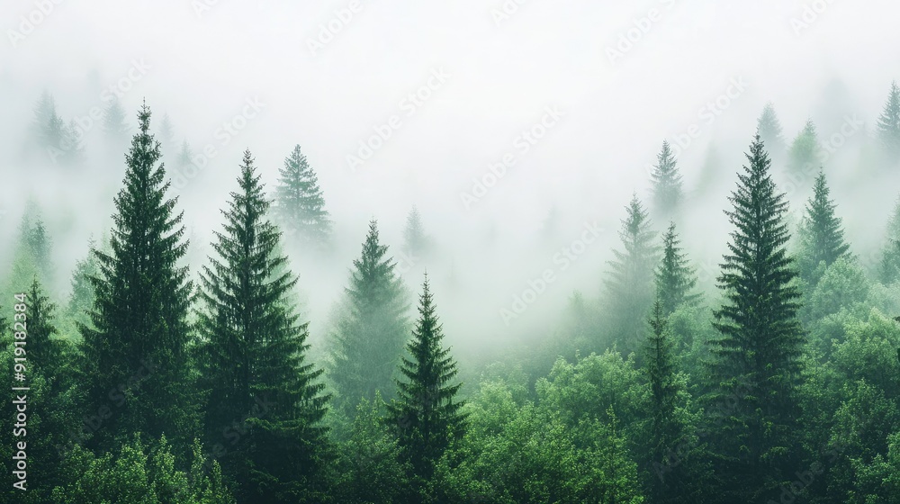 Misty morning in a green pine forest, with fog enveloping the tall trees Misty morning in a green pine forest, with fog enveloping the tall trees