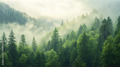 Misty morning in a green pine forest, with fog enveloping the tall trees