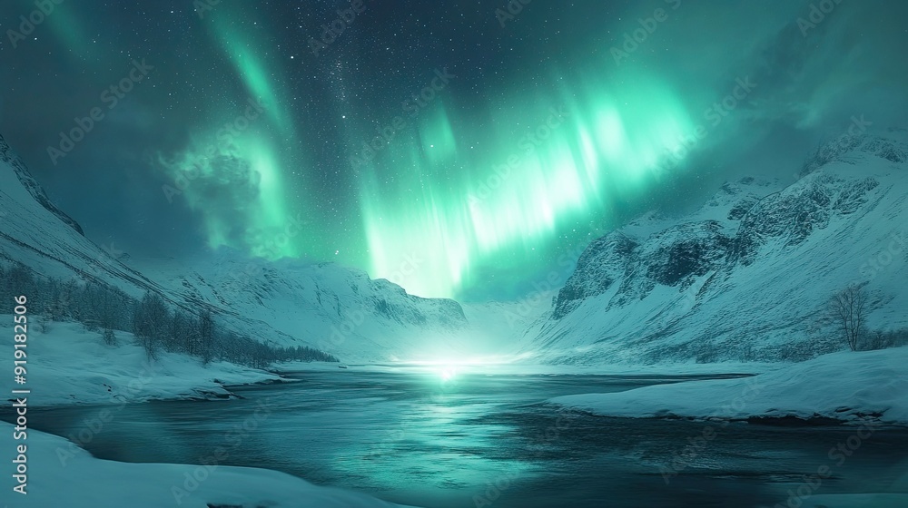 Northern lights creating a mesmerizing display over a quiet snowy valley Northern lights creating a mesmerizing display over a quiet snowy valley