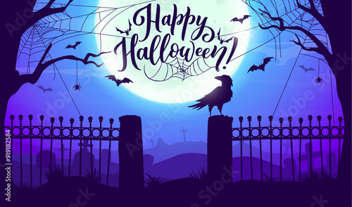 Halloween cemetery silhouette landscape with cobweb, bats and gravestones. Happy Halloween celebration vector background with flying at night bats, raven on cemetery fence, full moon and dry trees