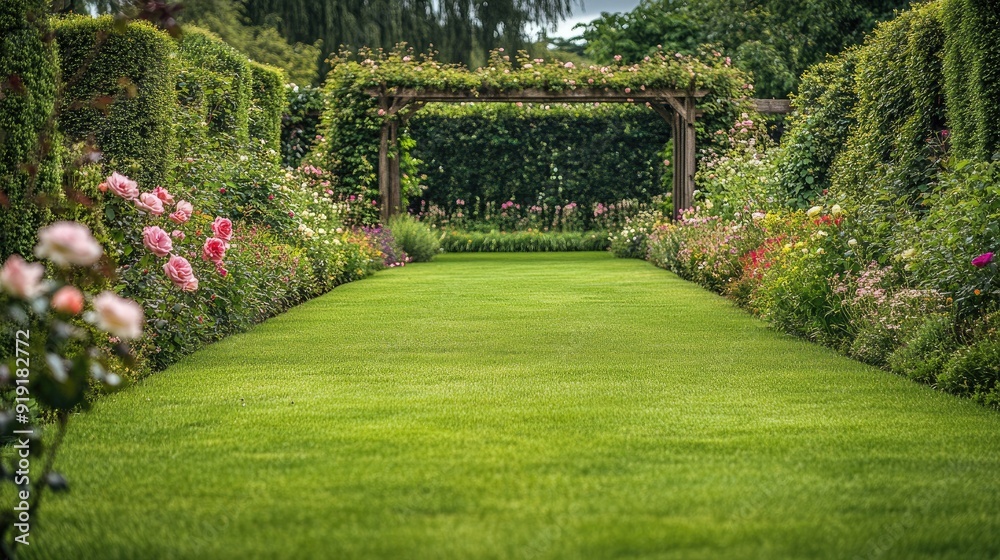 Perfect green lawn bordered by rose bushes and a wooden trellis with climbing vines Perfect green lawn bordered by rose bushes and a wooden trellis with climbing vines