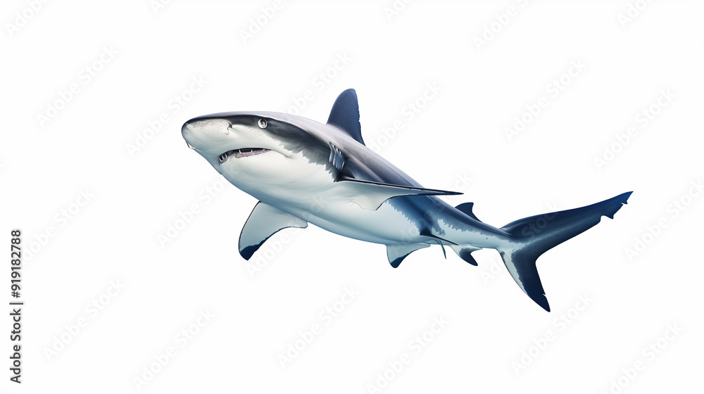 A large shark is isolated on a white background, horizontal frame. A large shark is isolated on a white background, horizontal frame.