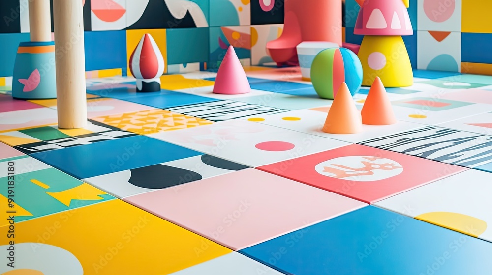 Playful, whimsical floor tile pattern with quirky designs and bright colors, perfect for a fun space