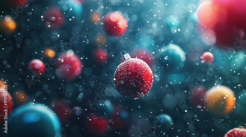 Red and blue Christmas ornaments floating with a snowy background, creating a festive and magical winter atmosphere.