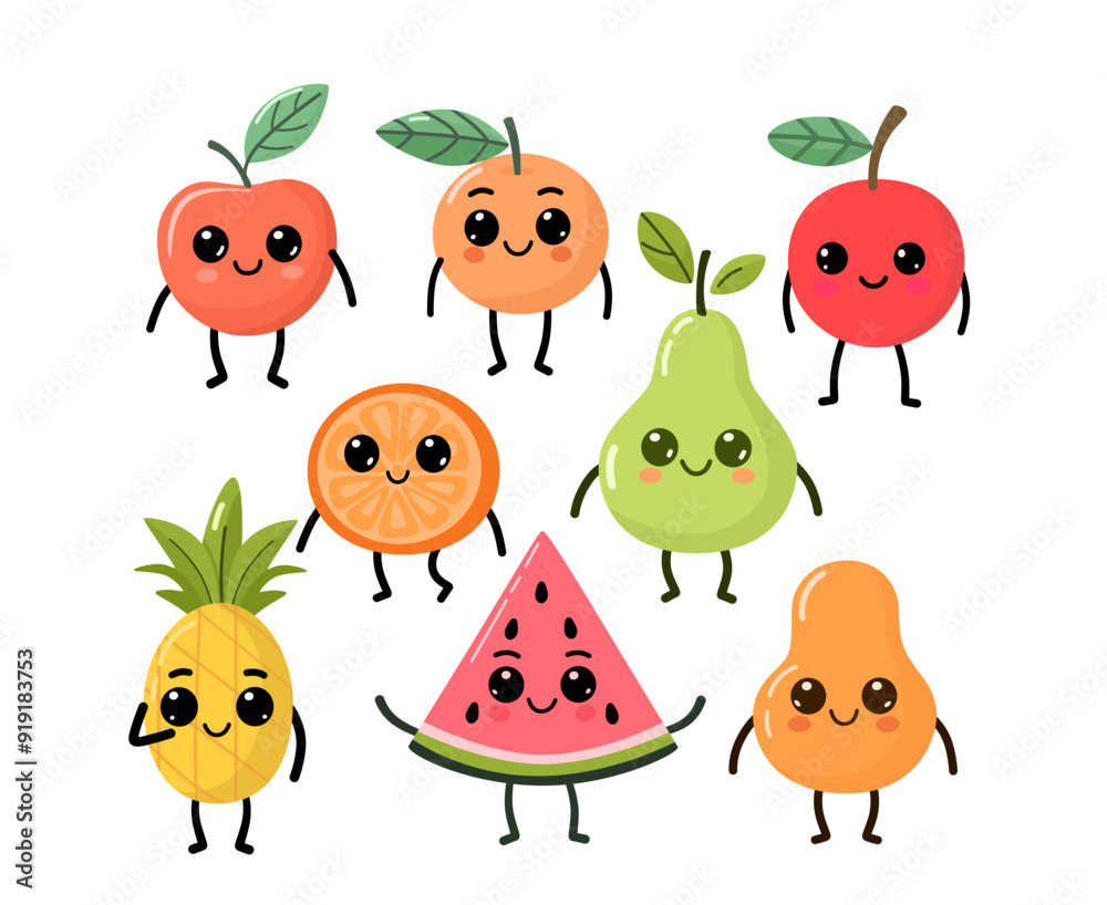 cute collection vector illustration of various smiling fruits with cartoon faces, including an apple, orange, cherry, pineapple, watermelon, pear, and papaya. Perfect for playful and vibrant design