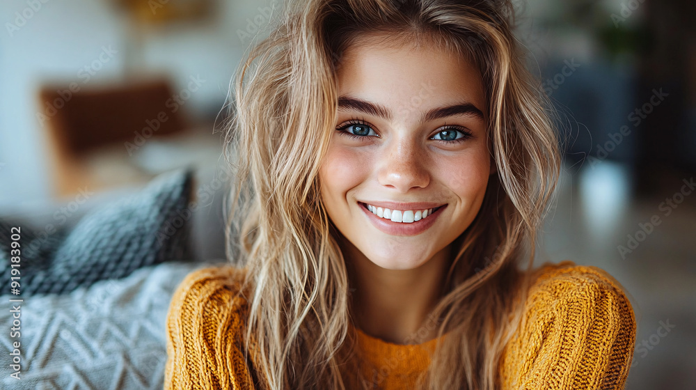 A woman with blonde hair and blue eyes is smiling and wearing a yellow sweater A woman with blonde hair and blue eyes is smiling and wearing a yellow sweater