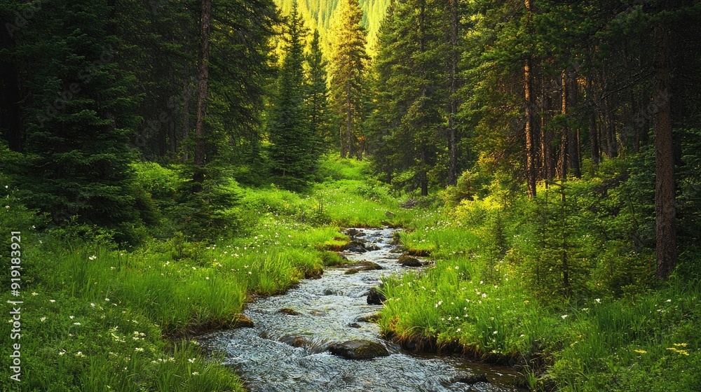 Obraz premium Serene green pine forest with a babbling brook running through it