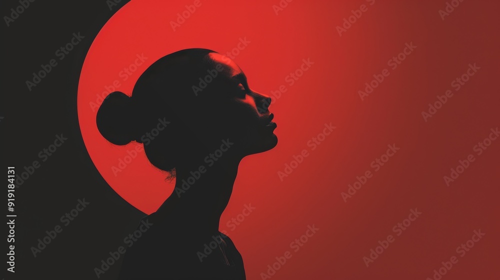 Dramatic silhouette of a woman in profile against a striking red background, showcasing beauty and mystery. Dramatic silhouette of a woman in profile against a striking red background, showcasing beauty and mystery.