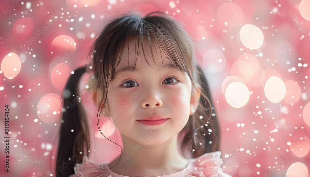portrait of beautiful asian little girl in pink dress on pink festive background portrait of beautiful asian little girl in pink dress on pink festive background